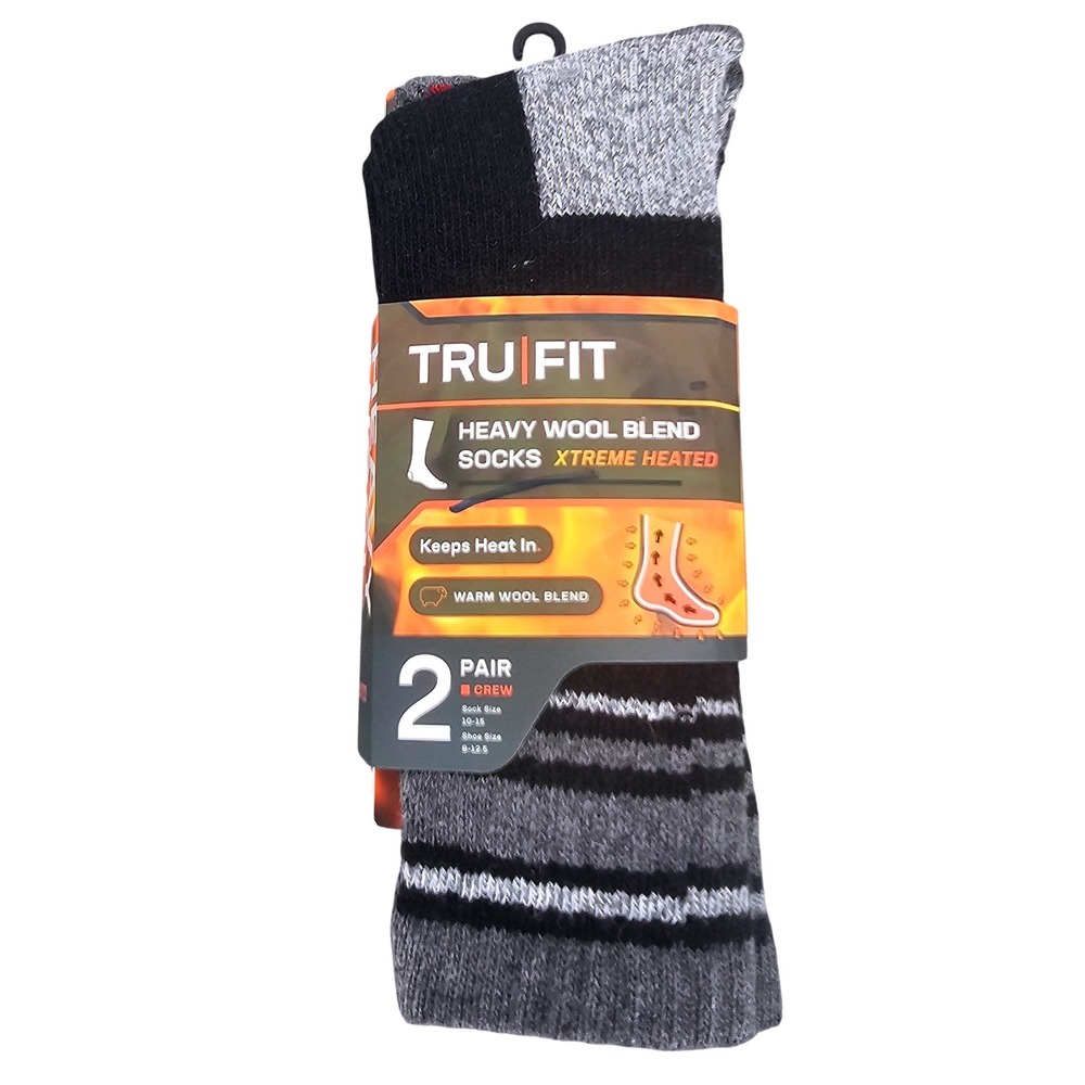 Tru Fit 2 Pair Heavy Wool Blend Xtreme Heated Crew Socks Black Grey TW2150-2